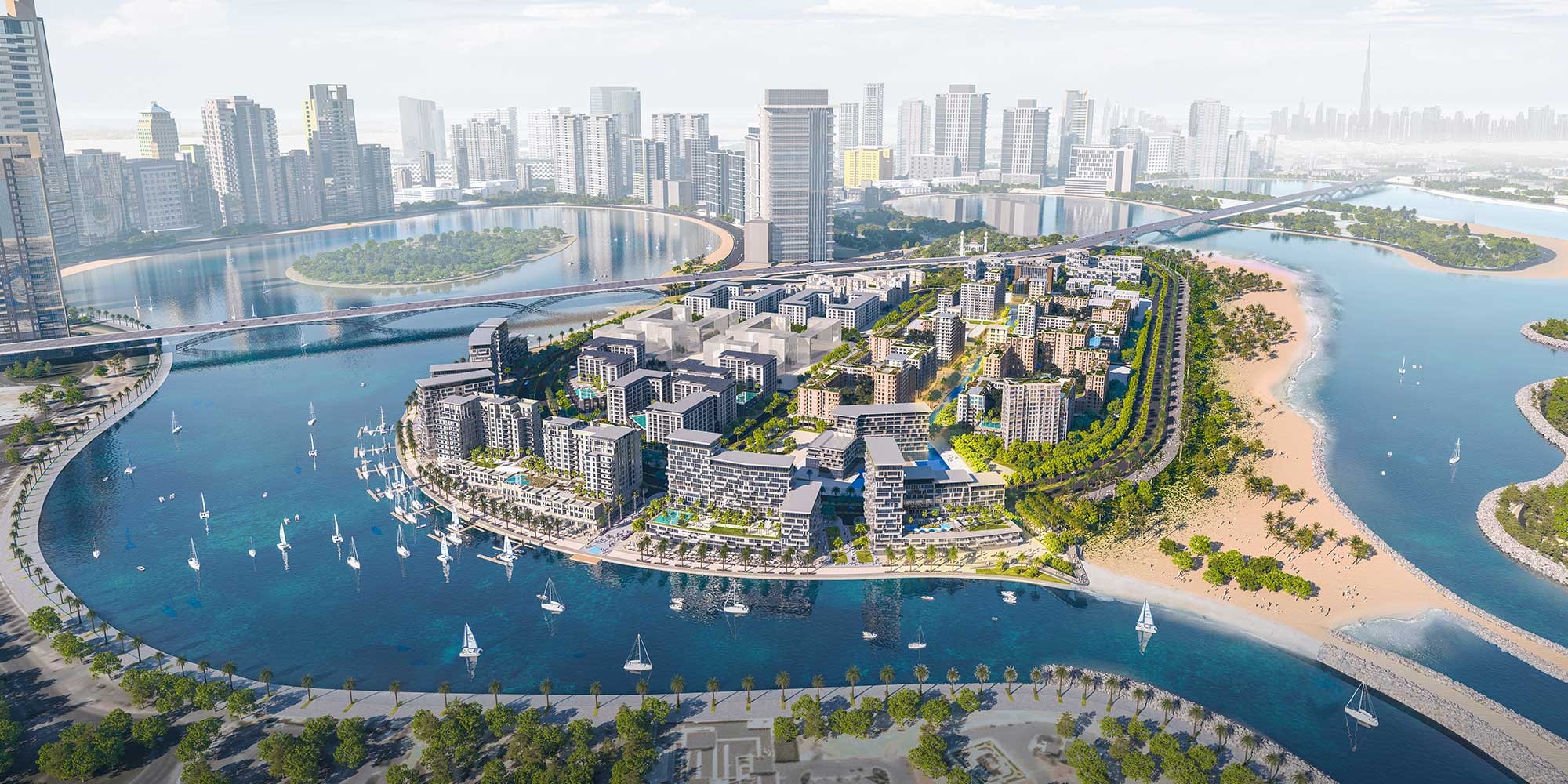 Waterfront apartment buildings at Maryam Island seen from the sea