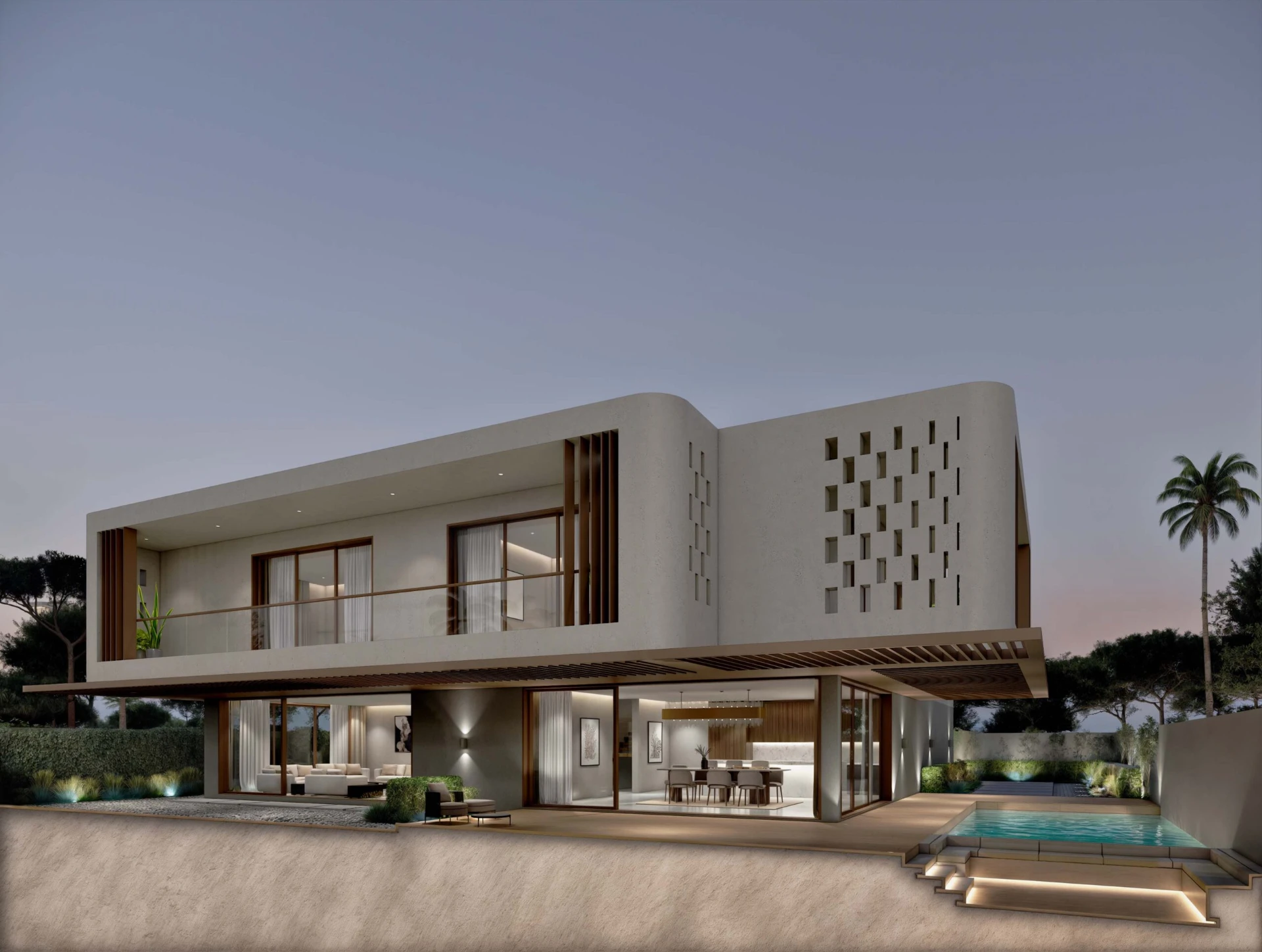 Contemporary Sharjah villa at dusk with lit interiors, timber screens and a private pool