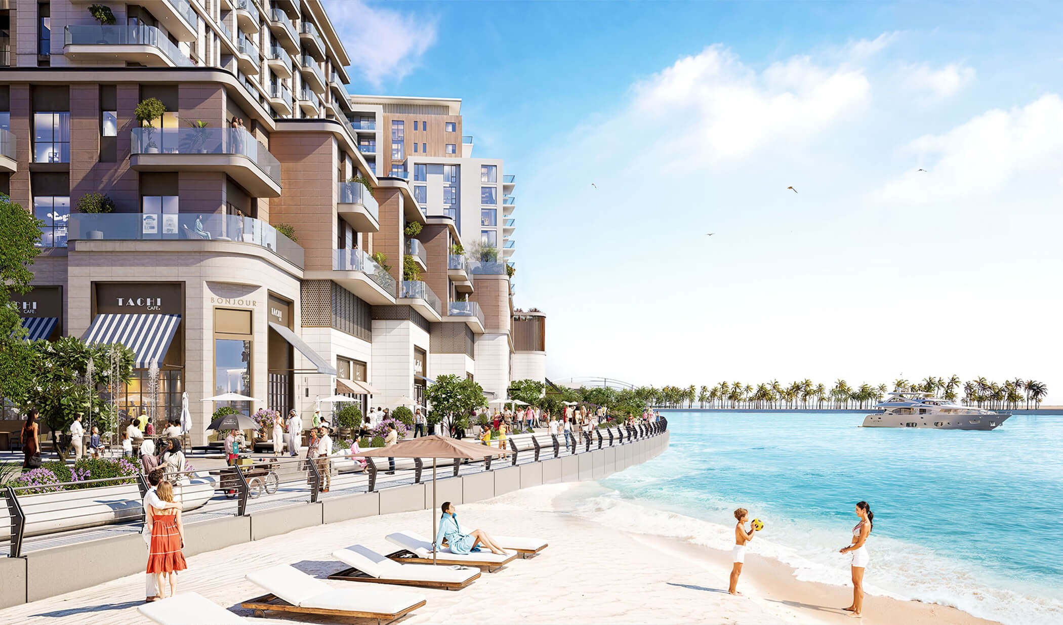 People walking the waterfront promenade beside the beach at Maryam Island