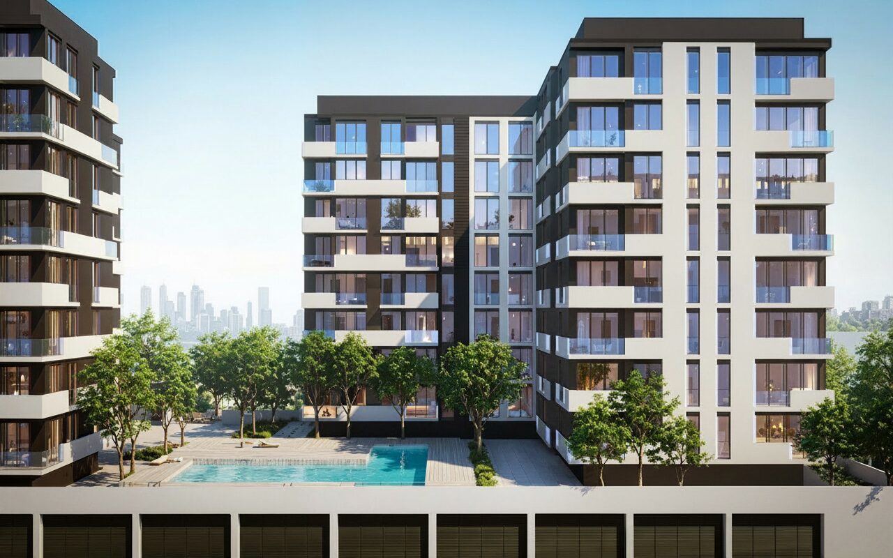Apartment building and courtyard pool at Al Mamsha, Sharjah