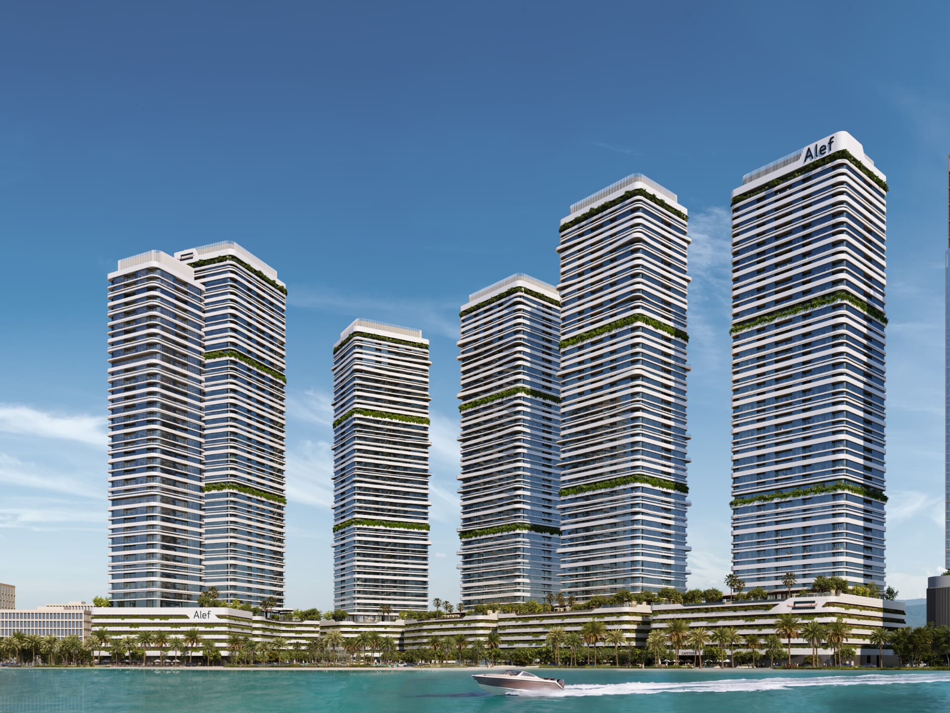 Linar's six residential towers seen from the water at Al Mamzar, Sharjah
