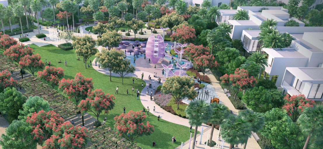 Aerial view of the central park and playgrounds at Al Zahia
