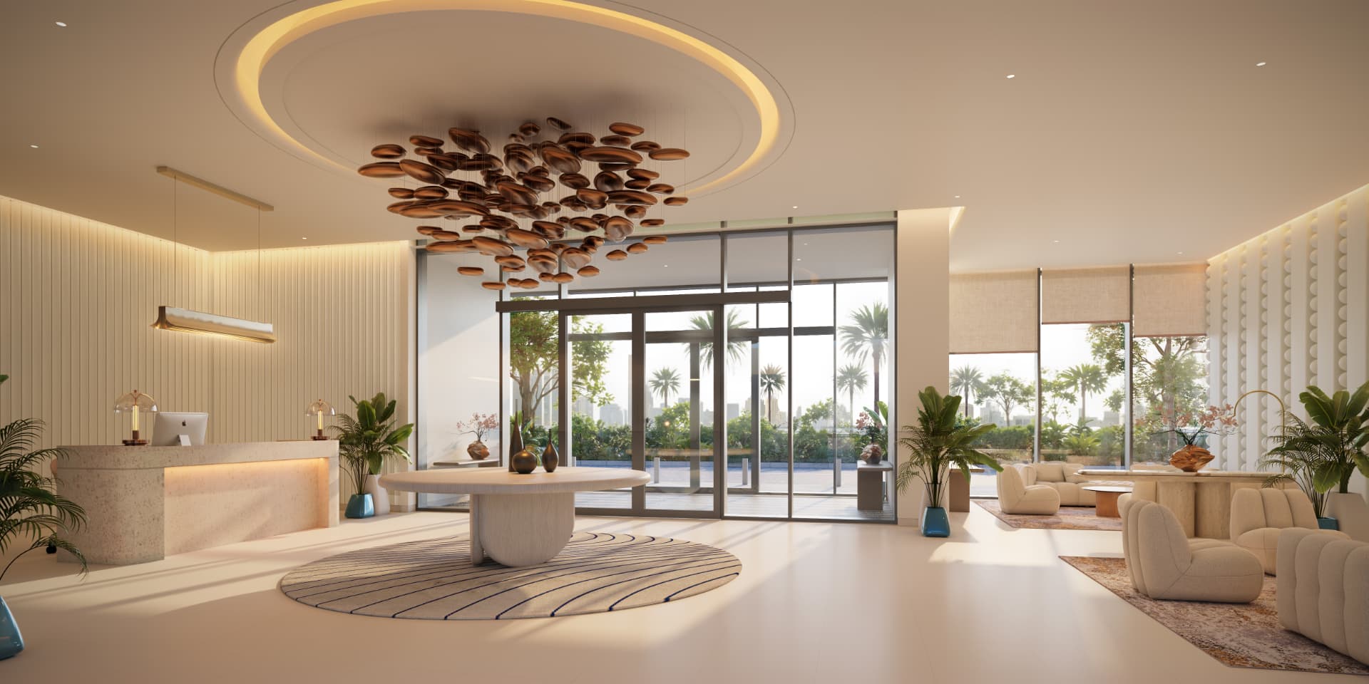Double-height Linar lobby with marble floors and a sculptural bronze ceiling