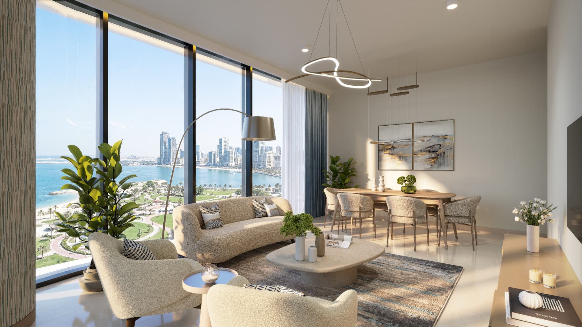 Open-plan living and dining in a three-bedroom Linar residence with balcony access