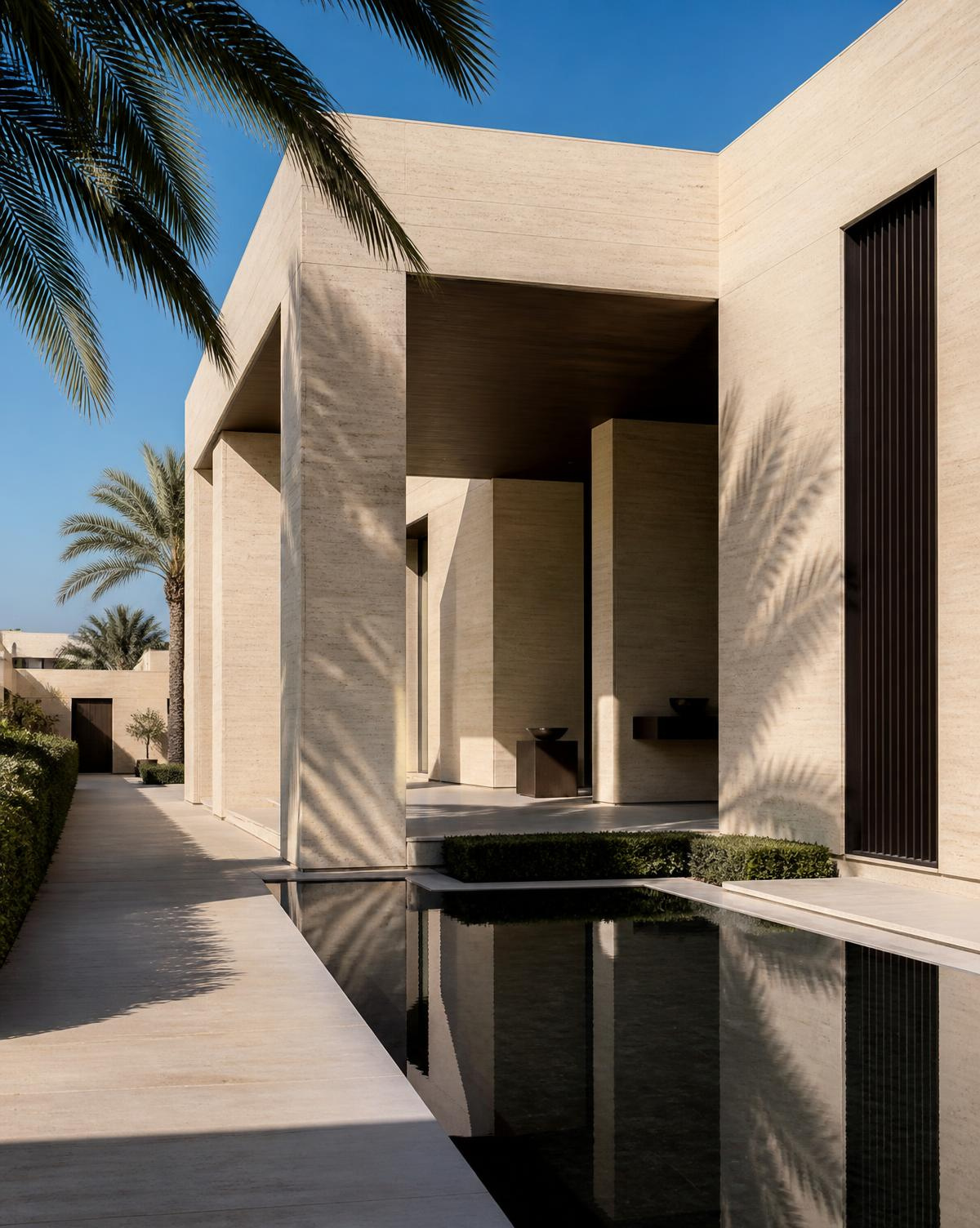 Contemporary travertine villa in Sharjah with palm shadows and a still reflecting pool