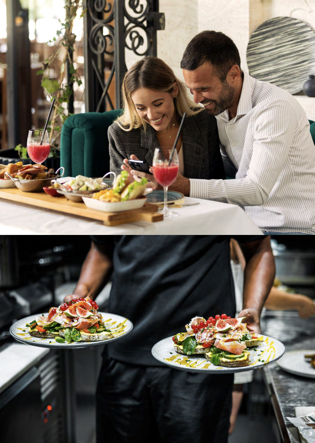 Couple dining at a community restaurant and a chef plating dishes