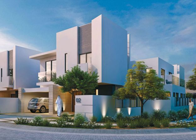 Contemporary villa exterior with landscaped garden at Al Zahia, Sharjah