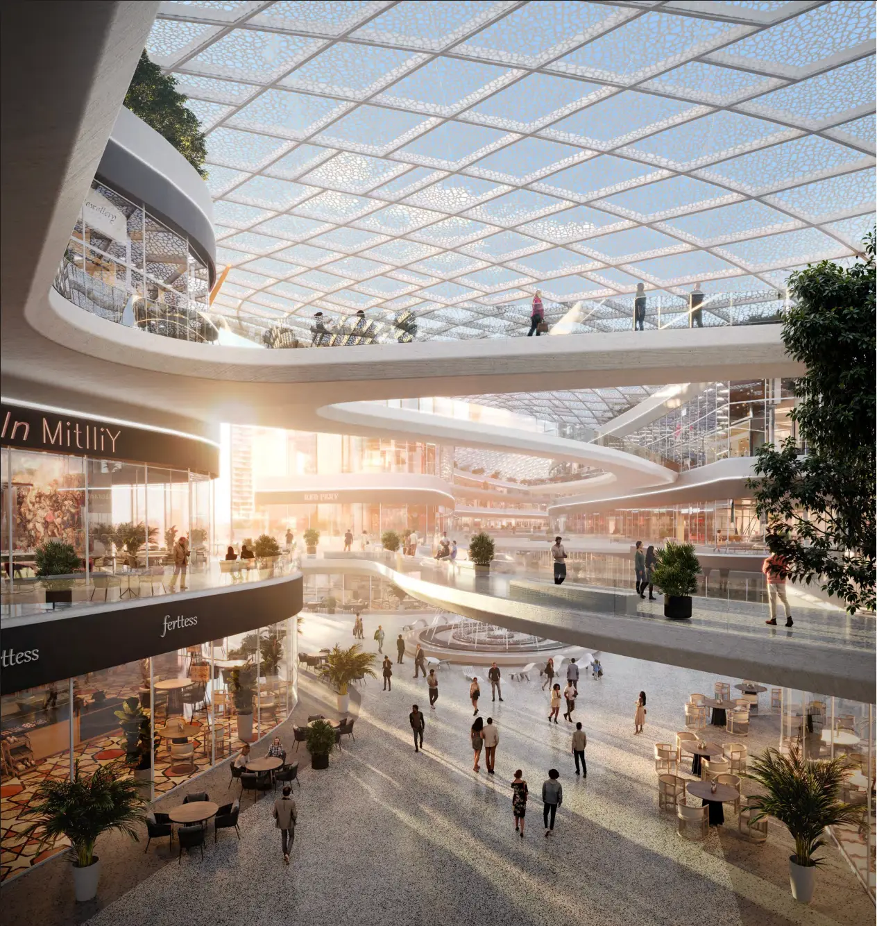 Sunlit community mall atrium with planting, escalators and shopfronts