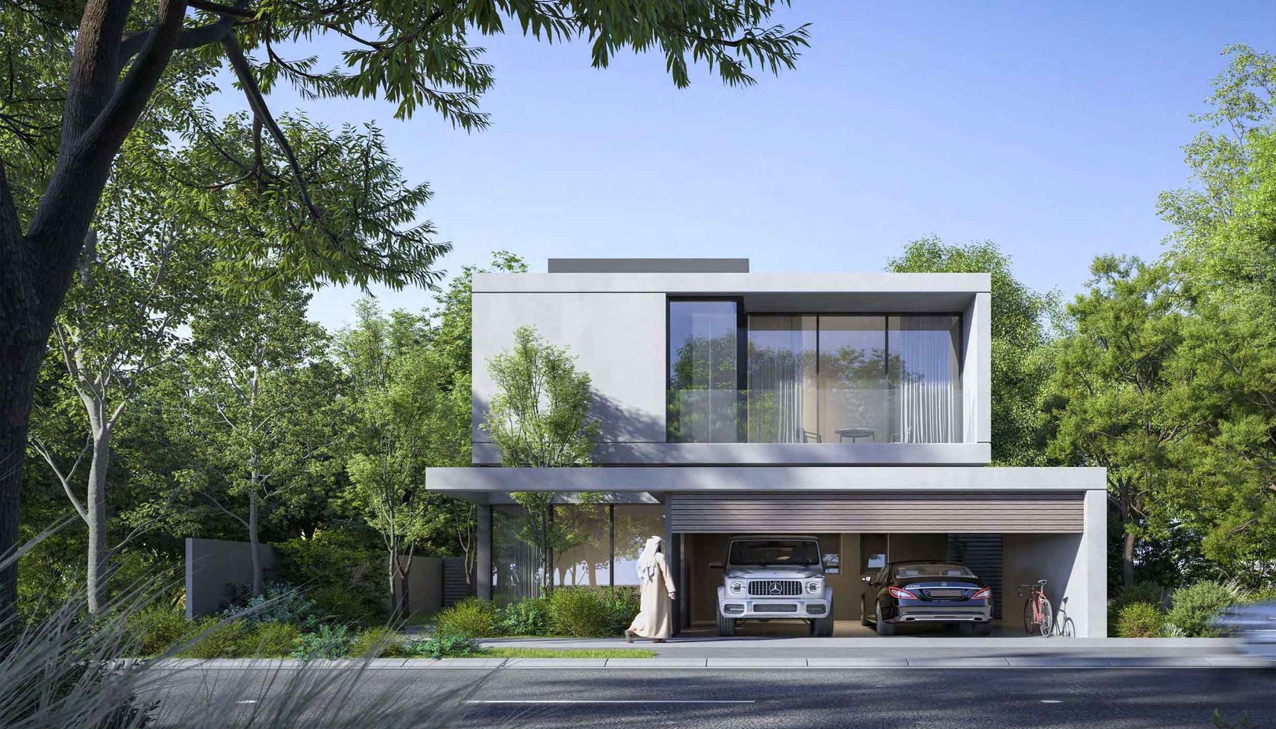 Villa facade with timber detailing in Masaar, Sharjah