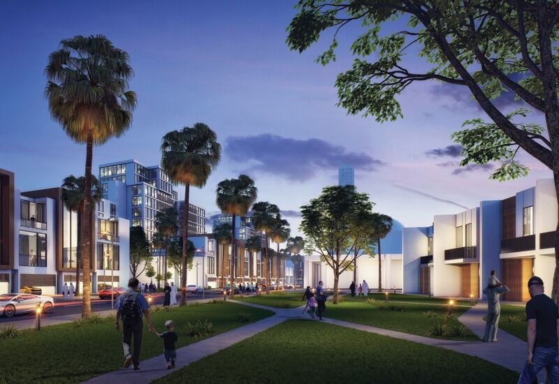 Apartment buildings on a planted street at Aljada, Sharjah