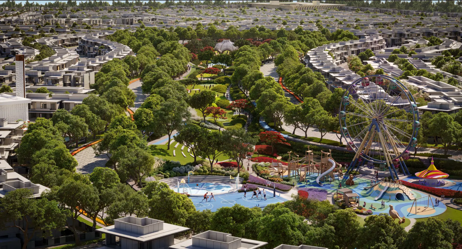 Aerial view of Bardini Park with tree-lined lawns, play areas and a Ferris wheel among the townhouses