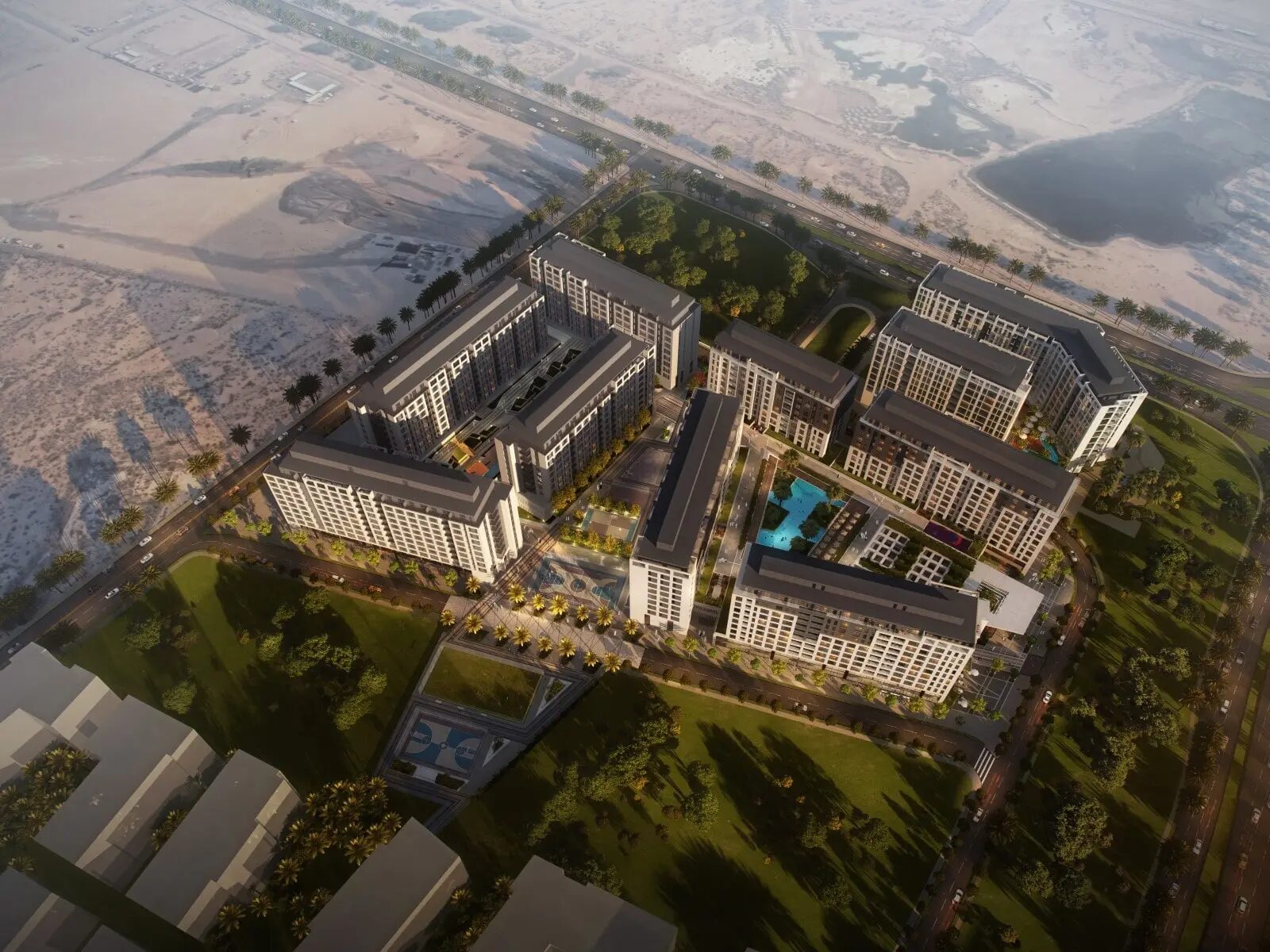 Aerial view across the apartment quarters and courtyards of Al Mamsha