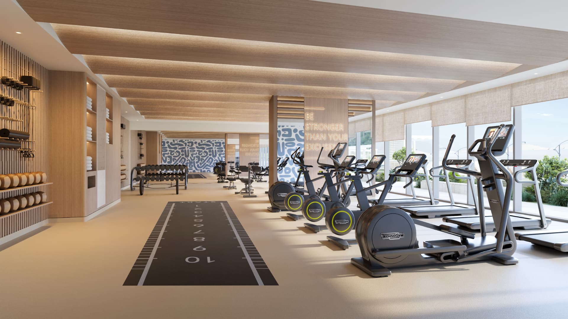Linar residents' gym with timber-slatted ceiling and daylight from the waterfront