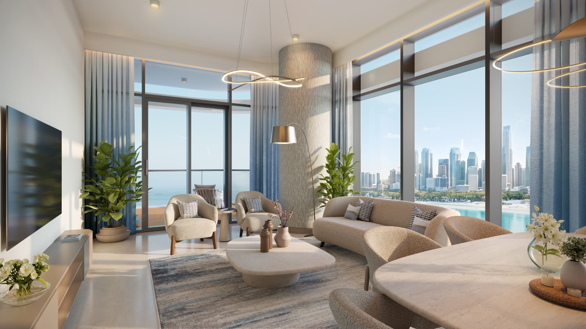 Linar living room with floor-to-ceiling glass opening onto the bay and skyline