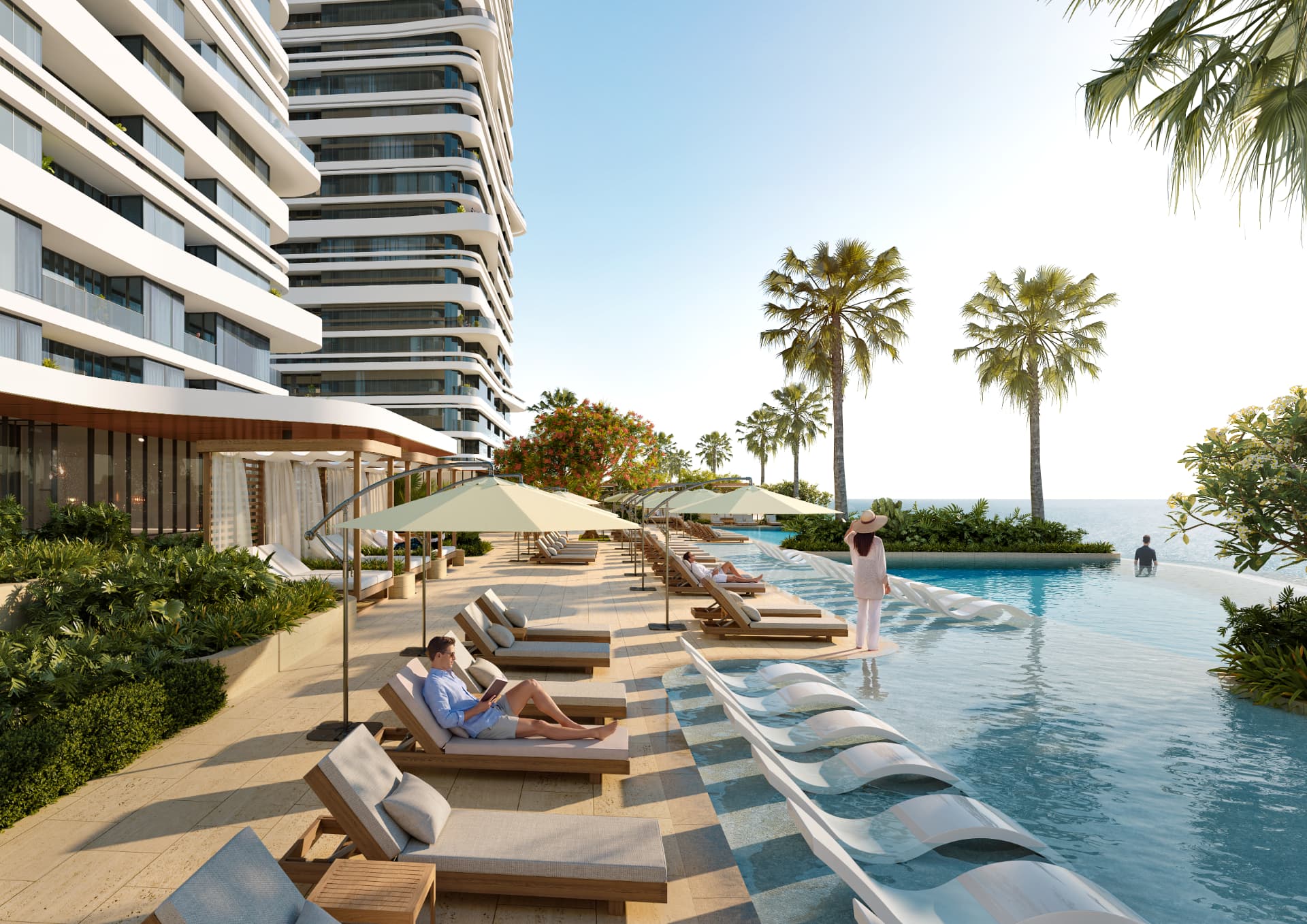 Sea-level pool at Linar with loungers facing the open water