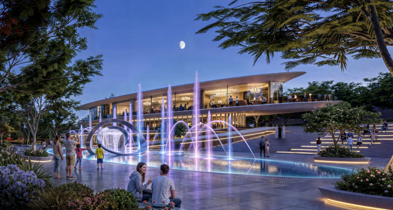 Illuminated water feature and fountains in front of the community pavilion at dusk