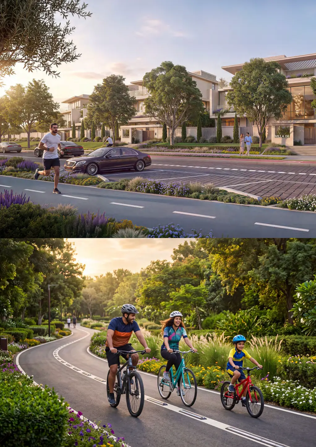Runner and a family cycling along tree-lined community tracks at sunset