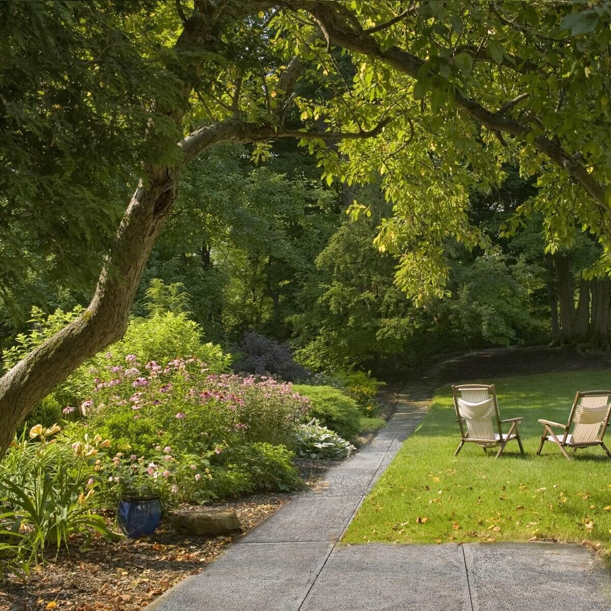 Landscaped park with open lawn, shade trees and seating at Hayyan