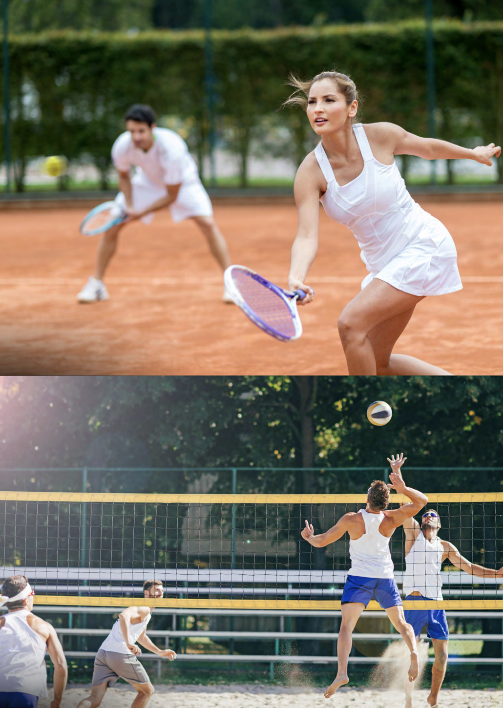 Residents playing tennis and beach volleyball on the community sports courts