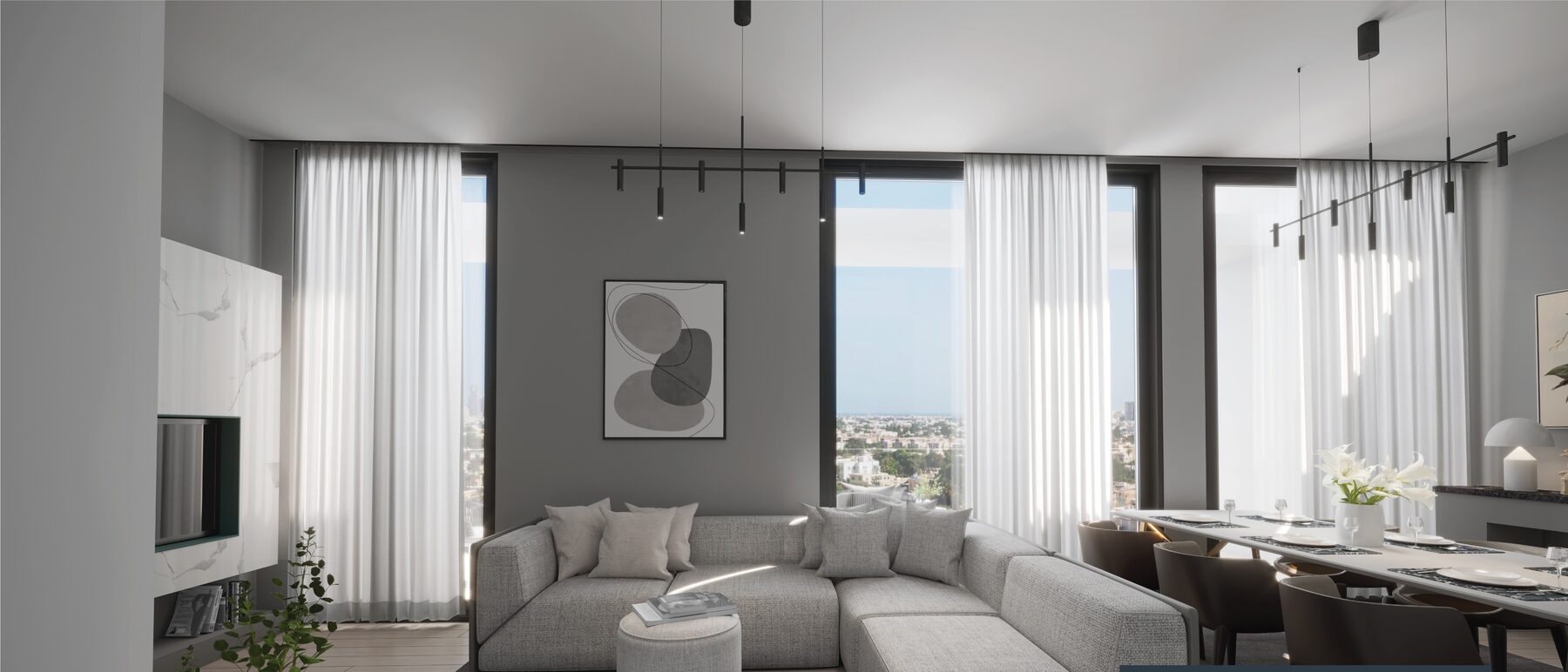 Open plan living and dining space inside an Al Mamsha apartment