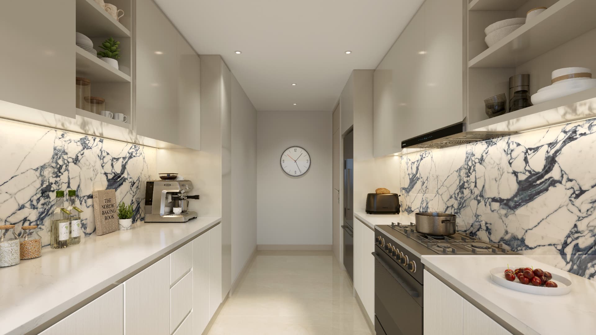 Minimal white Linar kitchen with blue-veined marble backsplash