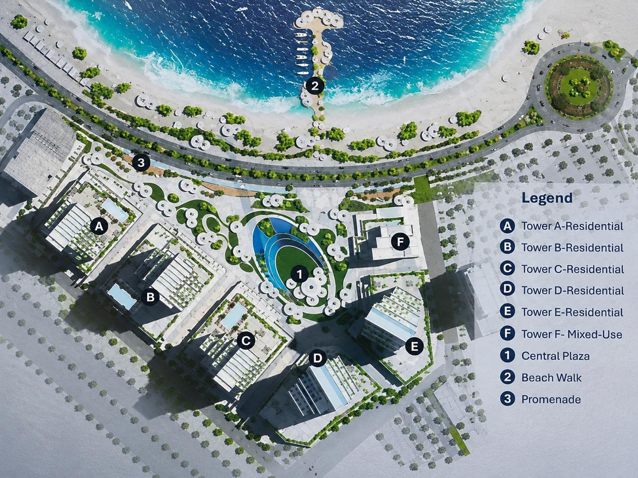 Aerial site plan of Linar showing Towers A to F, the Central Plaza, the Beach Walk and the waterfront promenade at Al Mamzar, Sharjah