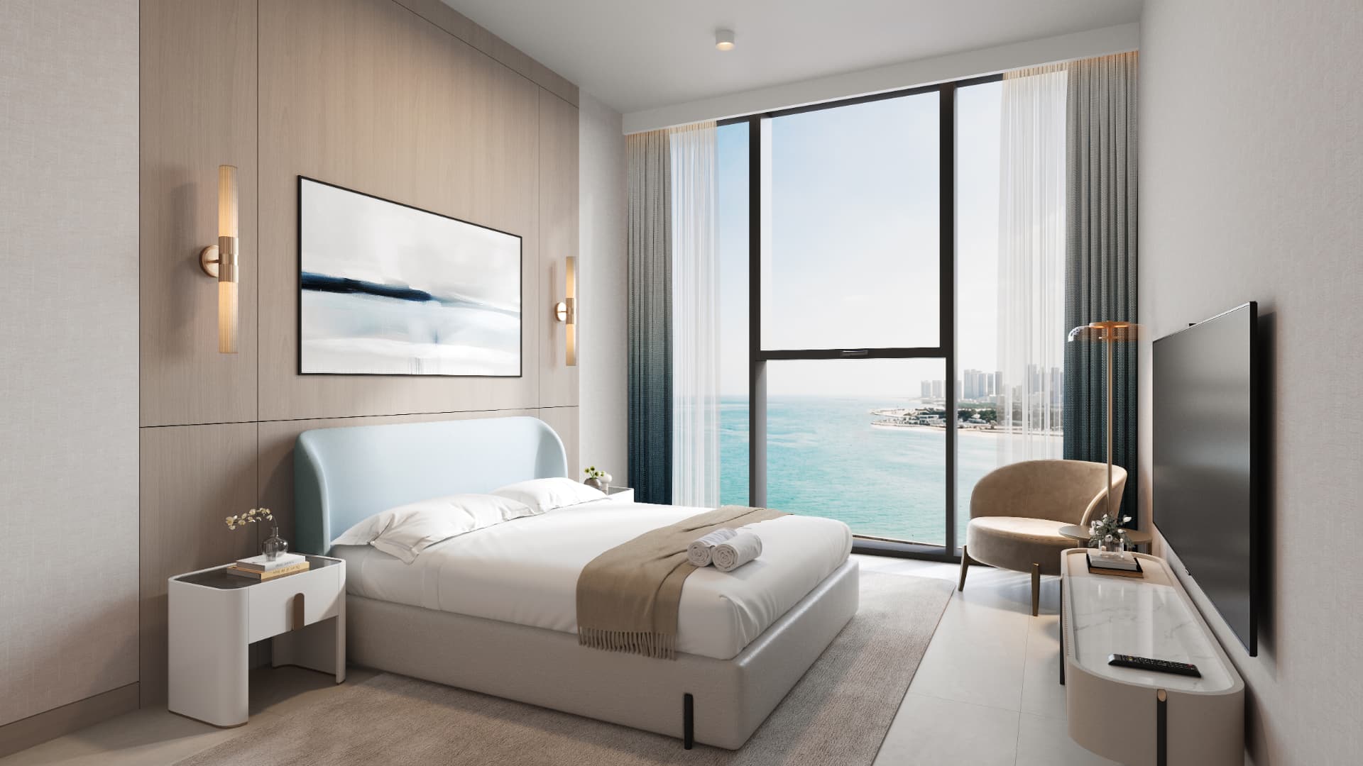 Linar bedroom with soft blue headboard and balcony doors facing the sea