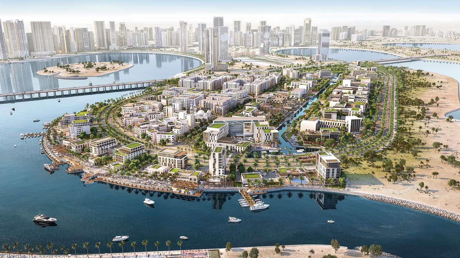 Aerial view of Maryam Island surrounded by sea and beaches in Al Khan, Sharjah