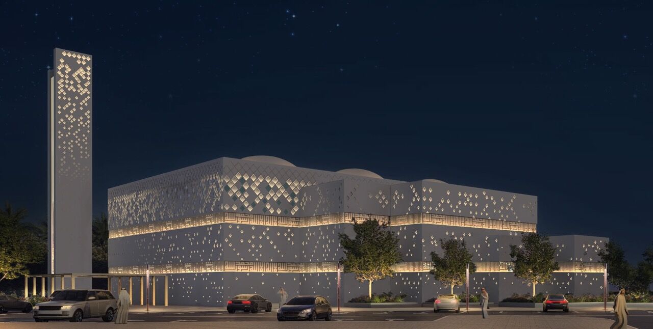 Illuminated retail and cafe destination at Hayyan in the evening