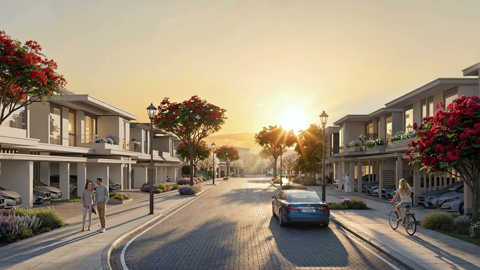Residential street through the community at sunset, lined with flowering trees