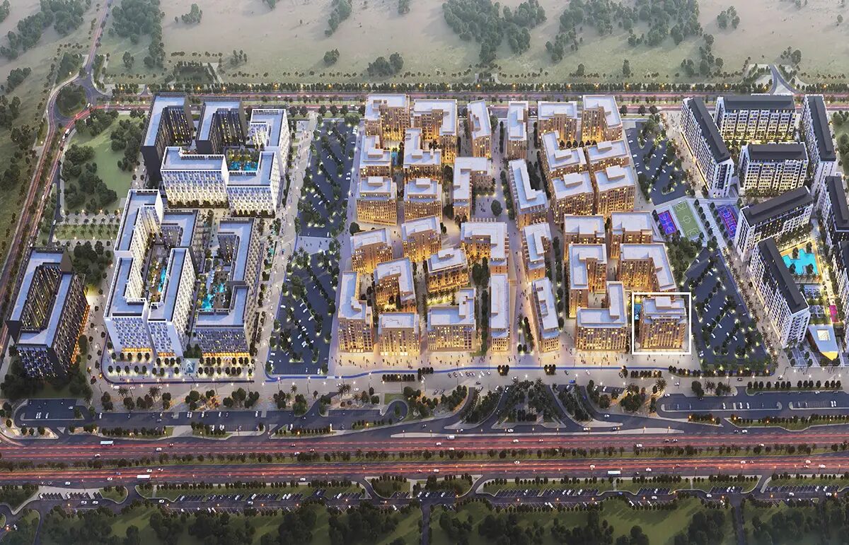 Aerial render of Al Mamsha showing the retail spine and apartment quarters