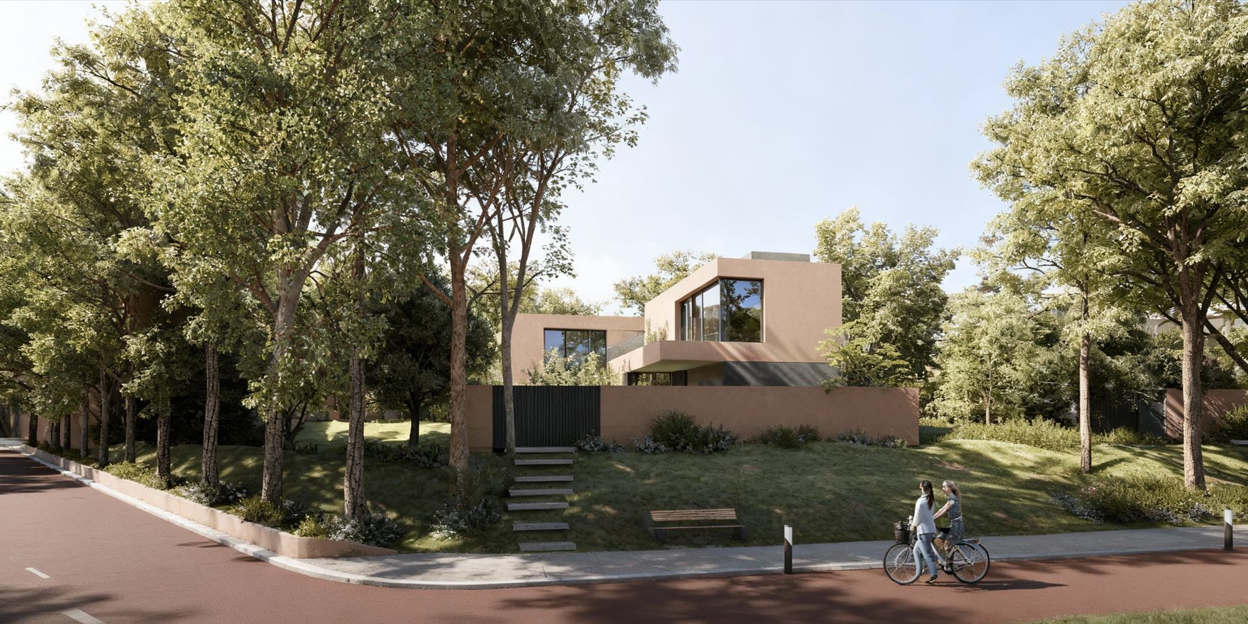 Villa exterior at dusk with warm interior lighting in Masaar